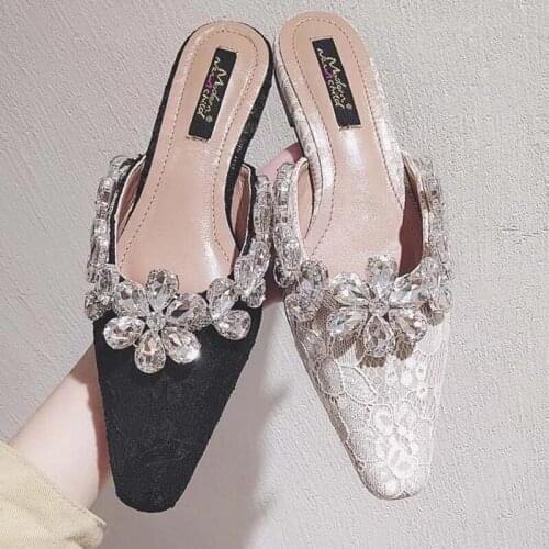 Women Slippers Ladies Casual Flats Heeled Slip On Summer Beach Shoes Woman Comfortable Slides Mules Shoes Rhinestone Design