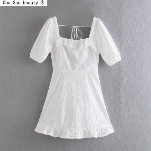 2021 Summer New Square Collar Backless Ruffle Puff Sleeve Lace-Up Hollow A-Line Dress Women Solid Color Zipper Vestido