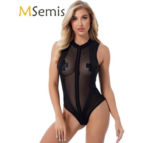 Womens See Through Sheer Mesh Sleeveless Bodysuit O Neck Elastic Band Leotard Zipper Front Catsuit Club Pole Dancing Costume