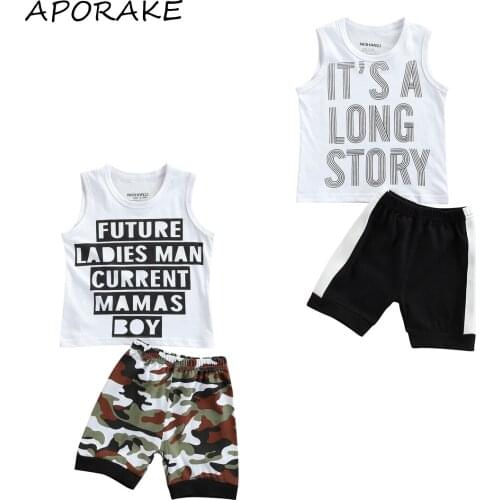 2021 0-5Y Summer Kids Baby Boy Casual Clothing Letter Print Top Vest+Camouflage/Striped Print Harem Short Pants Cotton Tracksuit