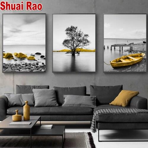 Yellow Retro Boat Seascape Scenery Diamond embroidery Triptych diamond Painting cross stitch mosaic rhinestone Modern Home Art