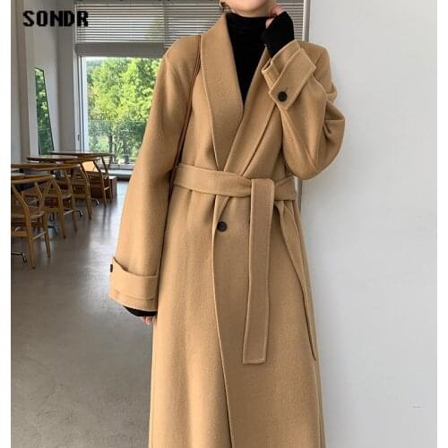 One-Piece Korean Woolen Coat WomenS Outer Jacket 2020 Winter Elegant Lapel Double-Breasted Lace-Up Waist Long Woolen Coat