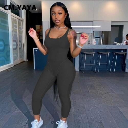 CM.YAYA Women Jumpsuit Solid Mesh See-through Sleeveless O-neck Sheath Elastic Bodycon Jumpsuits Female Summer Casual Outfit