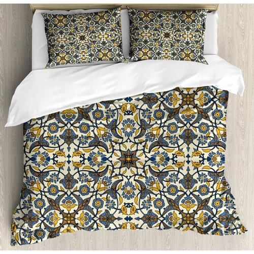Turkish Pattern Duvet Cover Set Flowers in and Traditional Style 3 Piece Bedding Set Slate Blue Earth Yellow Caramel