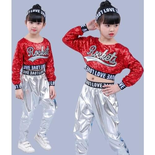 Red Girl Jazz Dance Children Sequin Hip Hop Dance Costume Sparkly Stage Jazz Dance Costumes Suit Girls Crop Top and Pants