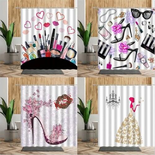 American Style Creative Shower Curtain Red Purple Pink Lips High Heel Floral Print Fabric Girl Bathroom Curtains Bath Home Decor