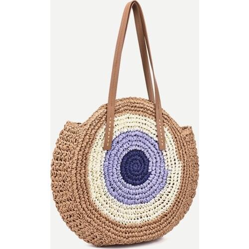 2019 New color matching round straw Shoulder bag crochet Vintage female summer handbag Wild beach travel vacation Leisure bag