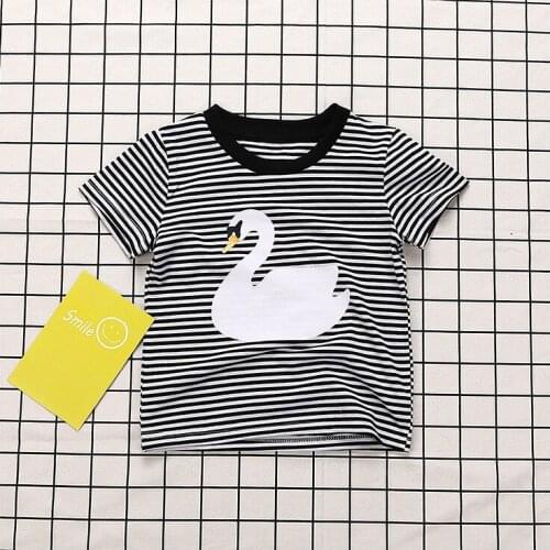 2 3 4 5 6 7 Years Boys Summer Tops Cotton Stripe Animals Spliced T shirt For Girl Swan Pattern Short Sleeve Fashion Kids Clothes