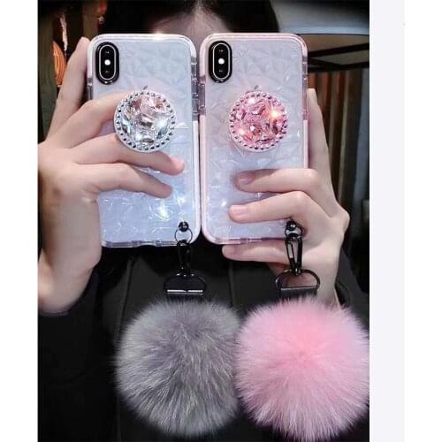 Fur Ball+Crystal 3D Bracket+Strap Diamond Phone Case For iphone 11 Pro XS MAX XR 6 7 8 Plus Cover For Samsung S8 S9 S10 Note10 9