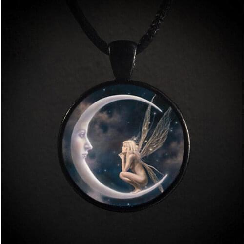Fashion Fairy on Moon Necklace for Women Angel Elves Graceful Art Photo Glass Cabochon Handmade Necklaces Pendants Trinkets