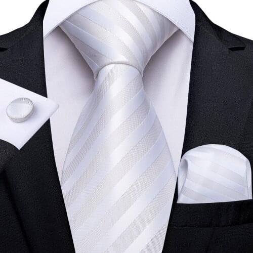 Mens White Striped Casual Ties 8cm Business Wedding Necktie Accessories Pocket Square Cufflinks Mens Gift Gravata DiBanGu