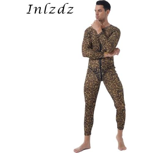 Mens Lingerie Full Body Bodysuit See-through Zipper Long Sleeve Leotard Jumpsuits Skinny Stripe/Leopard Print Unitard Costume
