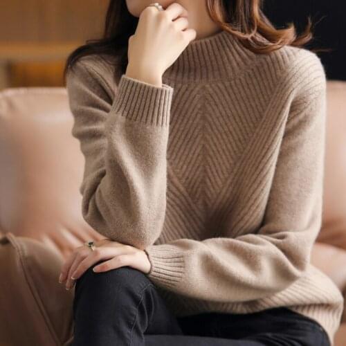 2021 Autumn and Winter New Wool Cashmere Sweater Womens half high neck knitted bottoming shirt thicken loose round neck sweater