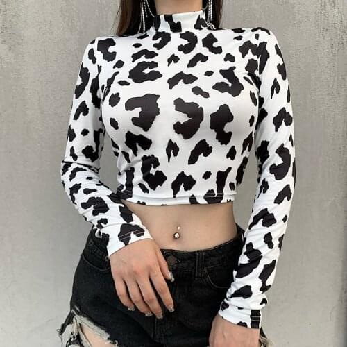 Autumn woman tshirts cow print turtle neck cropped top long sleeved sexy pullover tees for ladies poleras mujer