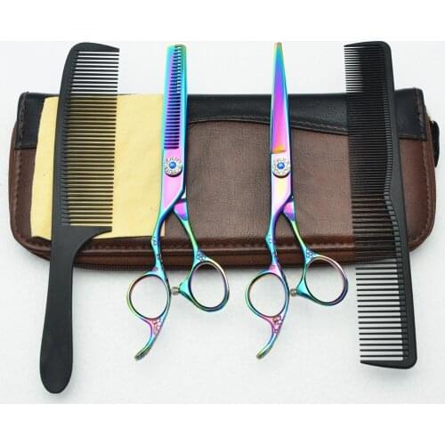 Left Hand 4Pcs Suit 6'' Customized Logo Colorful JP 440C Human Hair Hairdressing Scissors Cutting Shears + Thinning + Comb C8002