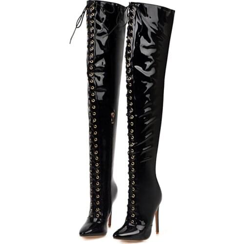 Sexy High Heels Boots Women Over The Knee Boots Pointed Toe Lace-up Thigh High Boots Female Fetish Dancing Shoes Big Size 34 48