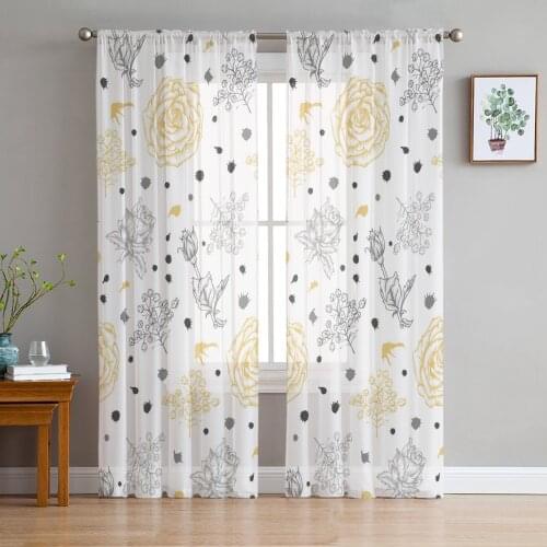 Luxury Tulle Curtains Flowers Yellow Grey Art Living Room Kitchen Chiffon Curtain Youth Bedroom Sheer Floor Valance Curtain
