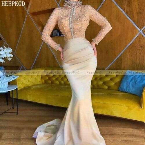 Luxury Beads Long Sleeves Arabic Evening Dress High Neck Mermaid Crystal Satin Plus Size Formal Dresses Customize Prom Gowns