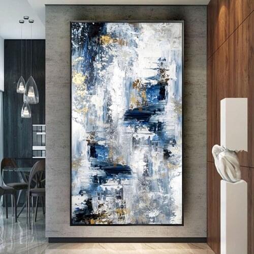 Hand Painted Modern Abstract Wall Art White Blue Canvas Oil Painting Vertical Home Decoration Wall Painting For Living Room