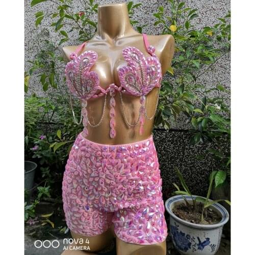 Samba Carnival Bra High Waist Pants Pink Color Stone Hand Made 2 Piece Set dance party wear