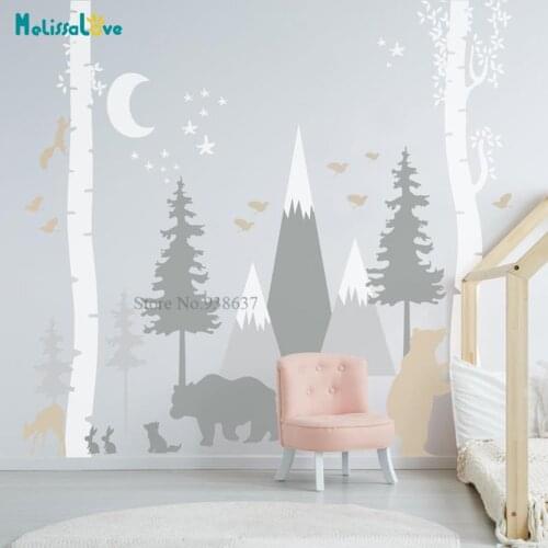 Woodland Mountains Nursery Decor Birch Tree Self Adhesive Baby Room Removable Custom Vinyl Wall Sticker Forest Mural BB831