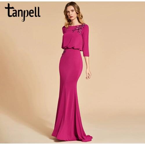 Tanpell bateau neck evening dress rose red 3/4 sleeves floor length gown women appliques plus customed mermaid evening dresses