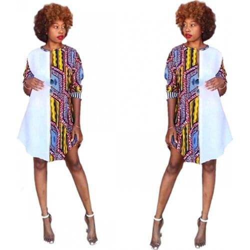Spring/Summer 2021 African Women Short Sleeve Shirt Dress Bohemian Dress 3XL Large Size Elegant Round Collars Party Dresses