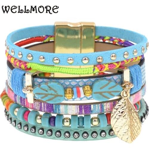 WELLMORE colorful bohemia bracelets for women leaf stone beaded leather bracelet charm Bracelets Female fashion Jewelry