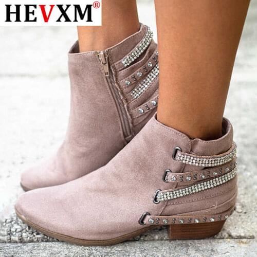Women ankle boots low heels autumn PU leather warm shoes plus size gladiator shiny crystal booties woman mujer zapatos Female