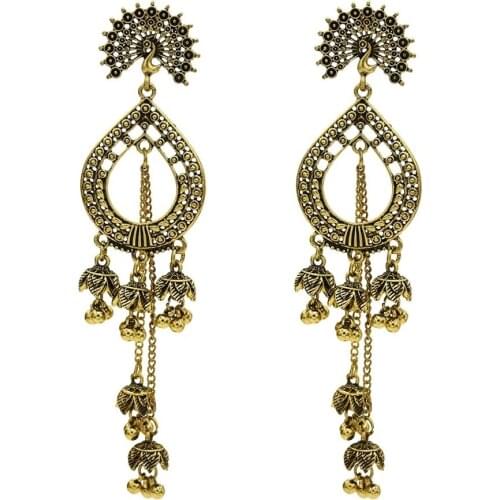 Retro Vintage pendientes Jewelry Women Boho Ethnic Gold Flower Long Chain Tassel Peacock Jhumka Indian Earrings Party Gift