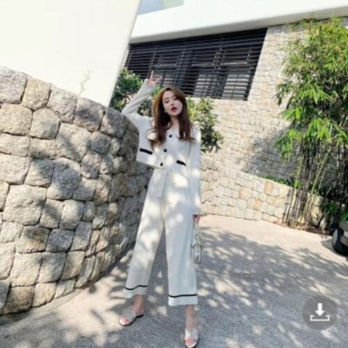 2021 Newest Autumn Womens Knit Suits Pantsuit V Neck Single-Breasted Tops + Wide Leg Pants Full Length 2 Pieces Sets Mujer
