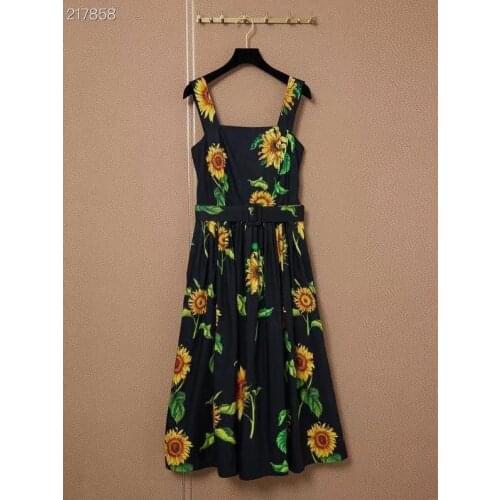 2021 Summer Runway Sunflower Print Spaghetti Strap Midi Dress Womens Sleeveless Belt Dress Beach Boho Black Dress