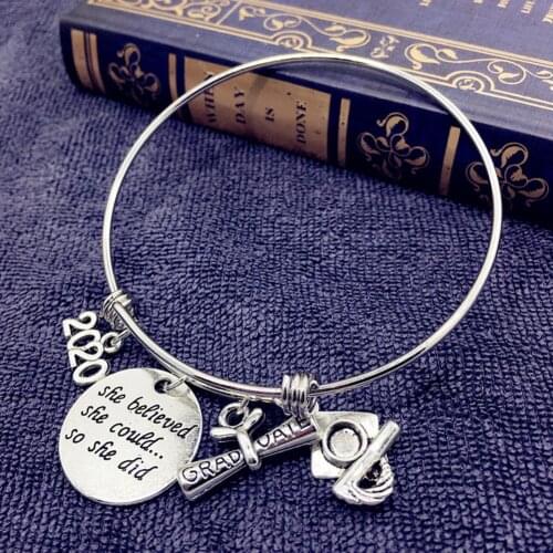 1PC Stainless Steel Women Graduate-She Believed Adjustable Bracelet Graduation Jewelry Charm Bracelet Bangle Mother Gifts