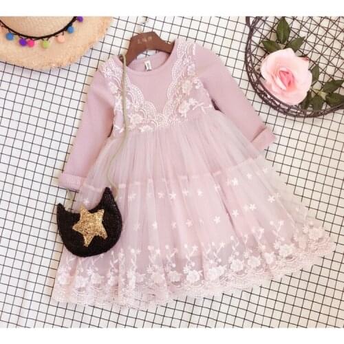 2017 Autumn Brand Children Girls Fake Two Pieces Dress Lace Patchwork Cute Clothing Long Sleeves Embroidered Ball Gown 2-7 Years