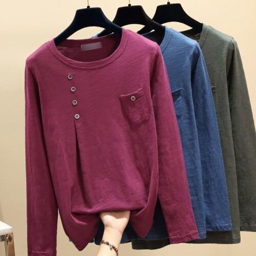 2021 Women Casual Button T-Shirt Fashion Korea Round Neck T shirt Cotton Long Sleeve Pocket Plus Size Tops XXL