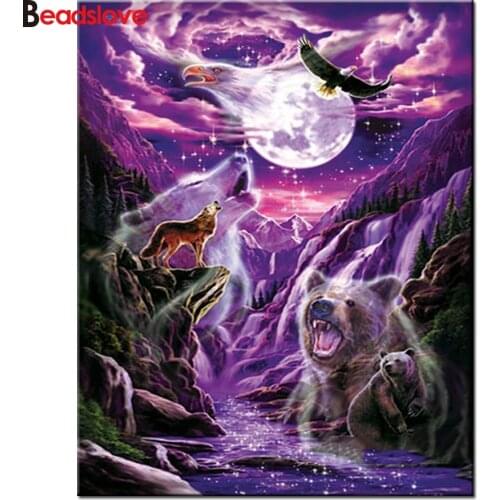 Diamond Embroidery Wolf Bear moon 5D Cross Stitch Diamond Painting Rhinestone Full Square round stones Beadwork Diamond Mosaic