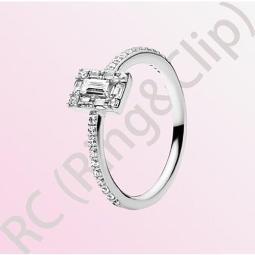 Authentic 100% 925 Sterling Silver Women Rings CZ Square Ring Sparkling Square Halo Rings for Women DIY Anniversary Jewelry gift