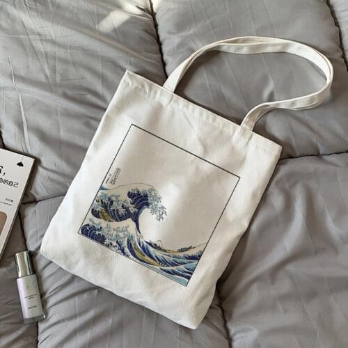 Japan Wave Fun Print Casual Large Capacity Canvas Bag Female Shoulder Canvas Bag Shoulder Bag Tote Bags Handbag closet organizer