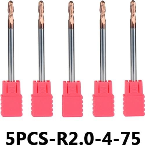 5pcs/lot R2-4-75 HRC55 With Straight Shank Tungsten Steel Ball Nose End Mills 2-Flute Ball Head Milling Cutters Router Bits