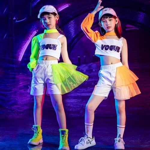 Jazz Dancing Costume Girls Hip Hop Performance Clothing Suit Summer Fluorescent Color Street Dance Competition Outfit YS1694