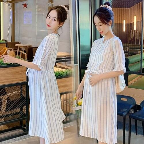 Summer Vertical stripes Cotton Maternity Dress Chic Ins Fashion Ties Waist Slim A Line Clothes for Pregnant Women Pregnancy