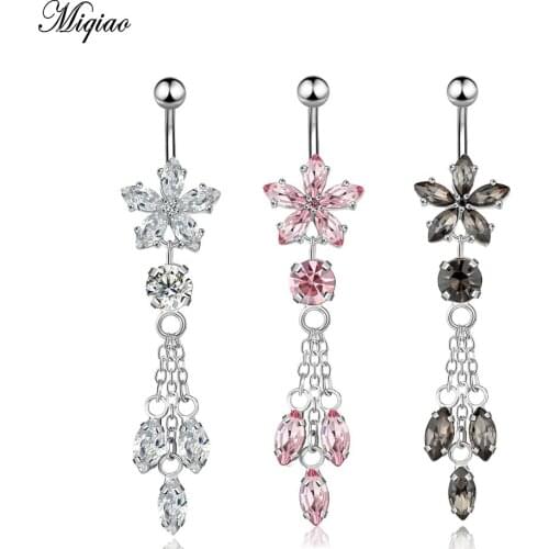 Miqiao 1 Pcs Human Body Piercing Jewelry Umbilical Nail Stainless Steel Flower-shaped Tassel Pendant Belly Button Ring Hot Sale