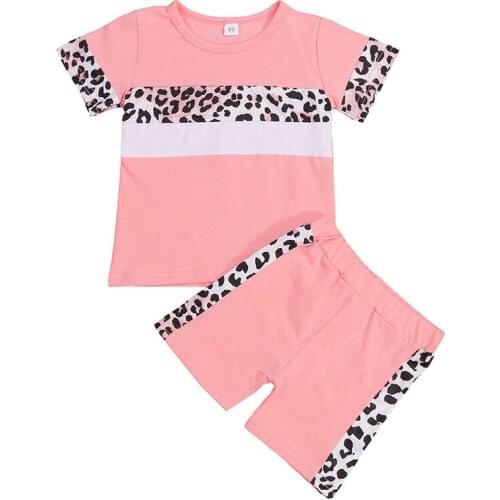 Fashion Newborn Kids Baby Clothes Girl Short Sleeve Pullover T-shirt Tops Leopard Patchwork Shorts Buttom 2PCS Summer Clothing
