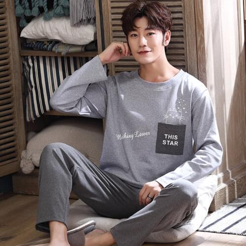 Mens Cartoon Casual Pajamas Cotton Long Sleeves Homewear Korean Man Sleepwear Spring Winter Home Wear Loose Large Size 2Pcs/Set