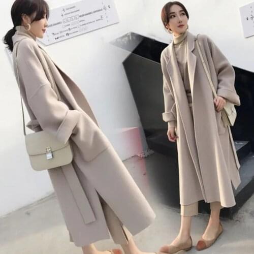 Woolen Coat Womens Autumn Winter Thick Solid Color Lapel Belt Long Large Overcoat Temperament Fashion Commuter Female Clothing