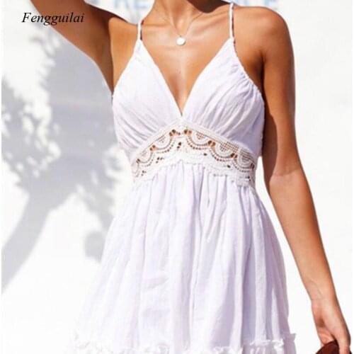 Summer Womens Boho Dress Sleeveless Backless Sexy Solid Color Mini Dress Boho High Waist V-Neck Beach Top