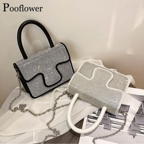 Pooflower Luxury Diamond Hand Bags for Women Fashion Small PU Leather Crossbody Bag Femme Chains Shoulder Bag Purse bolso ZH393