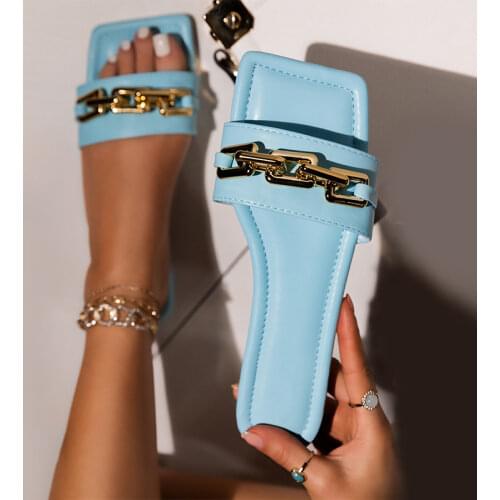 Women Chain Square Toe Slippers Woman 2021 Summer Sildes Womens Home Casual Flat Ladies Comfortbale Beach Shoes Female Footwear