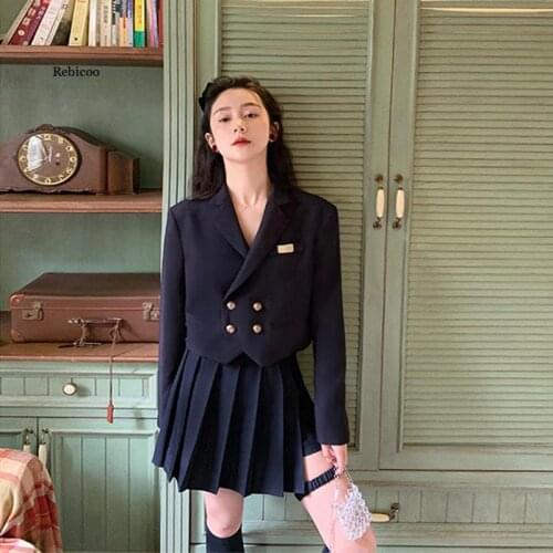 Vintage Womens Blue Suit Streetwear Skirts+Bomber Casual Jacket Harajuku 2 Piece Ladies Skirt Set For School Wear