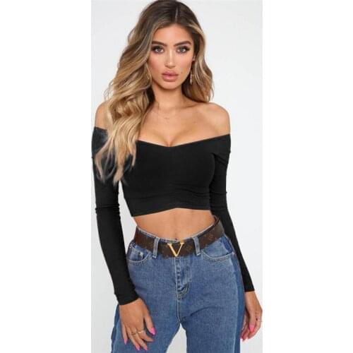 Women T-Shirts Sexy and Club Fashion Female T-Shirt Long Sleeve Off Shoulder Solid Color Lady Top Autumn Basic Tees FLJ049